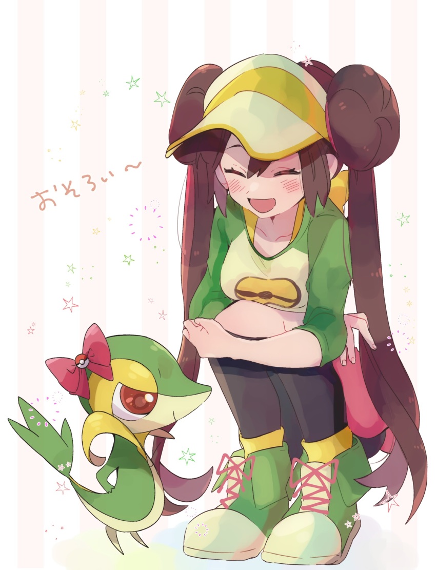 1girl :d alternate_color blush bow breasts brown_hair commentary_request double_bun eyelashes gen_5_pokemon hair_bun highres long_hair misha_(ohds101) nintendo open_mouth pantyhose pantyhose_under_shorts pokemon pokemon_(creature) pokemon_masters_ex raglan_sleeves rosa_(pokemon) shirt shoes short_shorts shorts smile sneakers snivy squatting star_(symbol) tongue twintails visor_cap