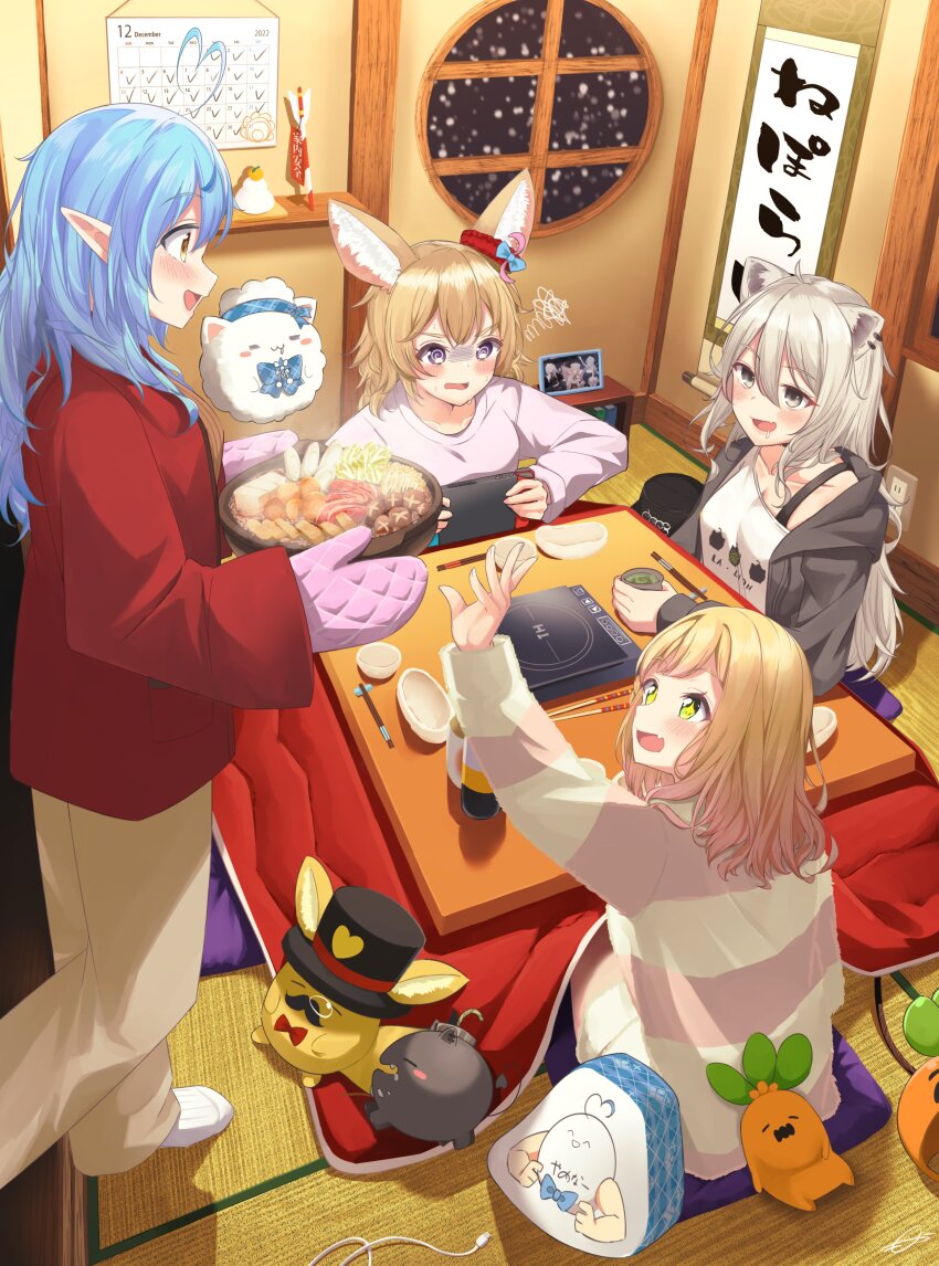 4girls @_@ absurdres ahoge alternate_costume animal_ears arrow_(projectile) black_jacket blonde_hair blue_bow blue_hair blush bow bowl breasts brown_pants calendar_(object) casual chopstick_rest chopsticks collarbone commentary cup cushion daifuku_(yukihana_lamy) drooling ear_piercing ear_scrunchie fang fish_cake floating food fox_ears green_eyes grey_eyes grey_hair hair_between_eyes hamaya handheld_game_console hanging_scroll heart heart_ahoge highres holding holding_handheld_game_console hololive hood hooded_jacket hot_plate hungry indoors jacket kagami_mochi kotatsu light_blue_hair lion_ears long_hair looking_at_another medium_breasts medium_hair mocacoco339 momosuzu_nene multiple_girls mushroom nabe nekko_(momosuzu_nene) nepolabo nervous_sweating new_year night nintendo_switch off_shoulder omaru_polka open_clothes open_jacket open_mouth orange_eyes oven_mitts pants picture_frame piercing plaid_bow playing_games pointy_ears profile purple_eyes purple_shirt red_jacket round_window saliva scroll shiitake shirt shishiro_botan shishiro_botan_(casual) signature sitting smile snow snowing socks sparkling_eyes squiggle ssrb_(shishiro_botan) steam striped_clothes striped_sweater sweat sweatdrop sweater symbol-only_commentary table tatami teacup tofu virtual_youtuber wavy_mouth white_shirt white_socks window yukihana_lamy zain_(omaru_polka)