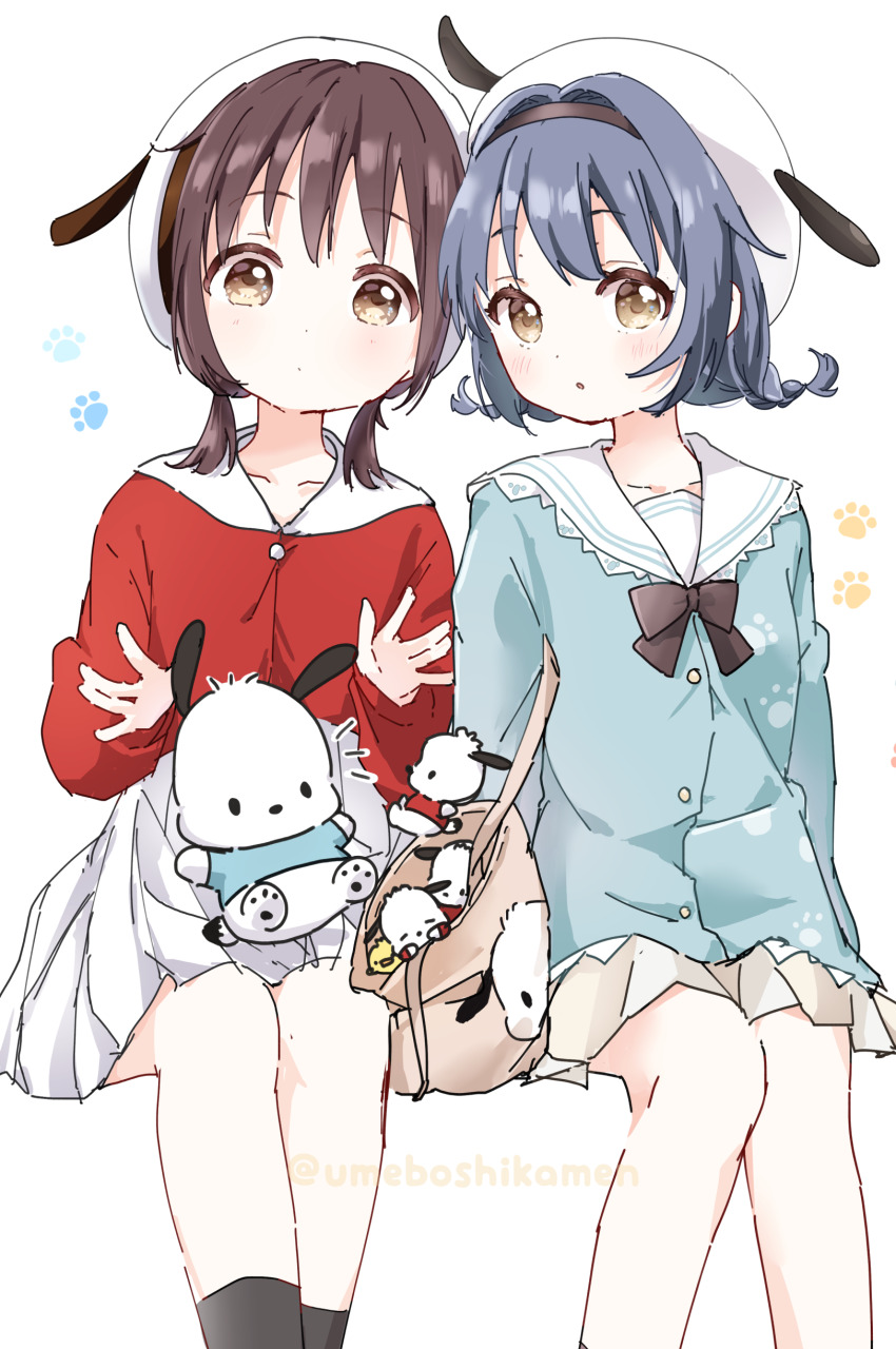 2girls absurdres animal_ear_headwear animal_ears bag black_bow black_bowtie black_hair black_hairband black_socks blue_hair blue_jacket blush bow bowtie braid brown_bag brown_eyes brown_skirt buttons character_doll closed_mouth collarbone doll fake_animal_ears funami_yui furutani_himawari grey_skirt hair_intakes hairband hat highres hood hooded_jacket invisible_chair jacket lace-trimmed_collar lace_trim mearian multiple_girls open_hands parted_lips paw_print paw_print_background pleated_skirt pochacco print_bag print_jacket red_jacket sailor_collar sanrio shoulder_bag sitting skirt socks twin_braids twitter_username white_background white_hat white_hood white_sailor_collar white_skirt yuruyuri
