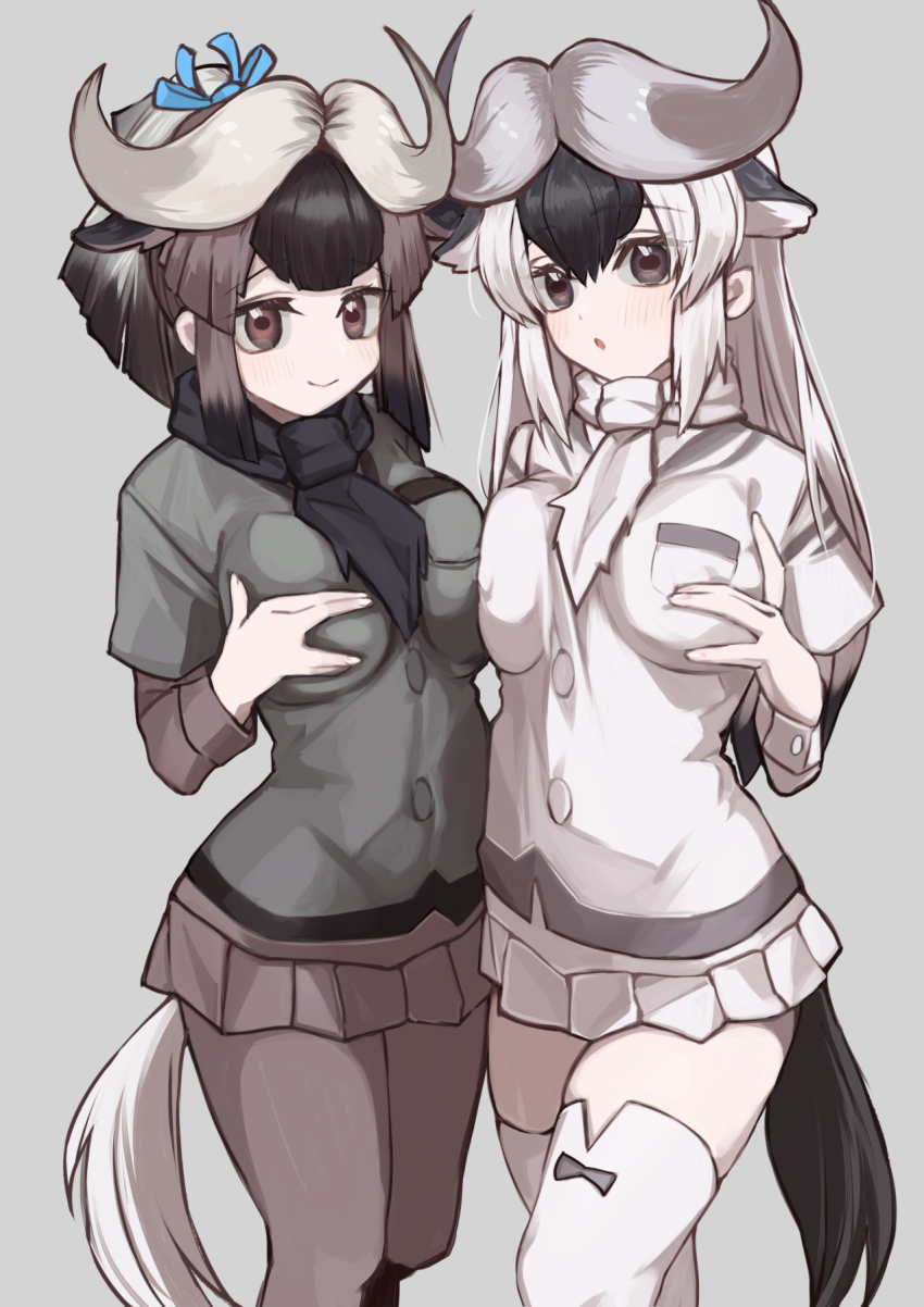 2girls a888_n22 antelope_ears antelope_horns black_hair black_pantyhose black_scarf black_shirt black_skirt black_wildebeest_(kemono_friends) blue_bow blue_wildebeest_(kemono_friends) blush bow breasts brown_eyes brown_hair extra_ears hair_between_eyes hair_bow highres kemono_friends long_hair long_sleeves medium_breasts multicolored_hair multiple_girls pantyhose pleated_skirt scarf shirt short_sleeves skirt thighhighs two-tone_hair white_hair white_scarf white_shirt white_skirt white_thighhighs zettai_ryouiki