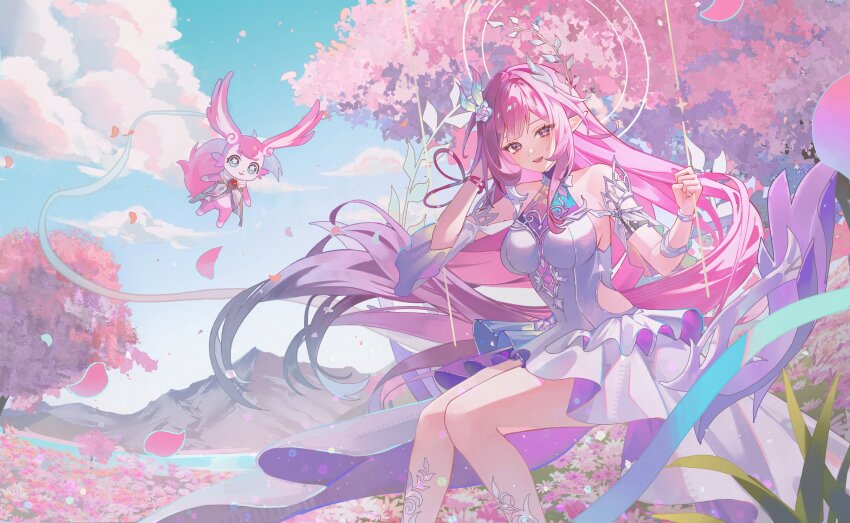 1girl absurdres bare_shoulders breasts commentary cyrene_(honkai:_star_rail) dress floating_hair flower hair_flower hair_ornament highres honkai:_star_rail honkai_(series) long_hair looking_at_viewer mem_(honkai:_star_rail) open_mouth outdoors pink_hair pointy_ears sitting smile symbol-only_commentary symbol-shaped_pupils teeth upper_teeth_only very_long_hair white_dress zante_(0xx0xzt)