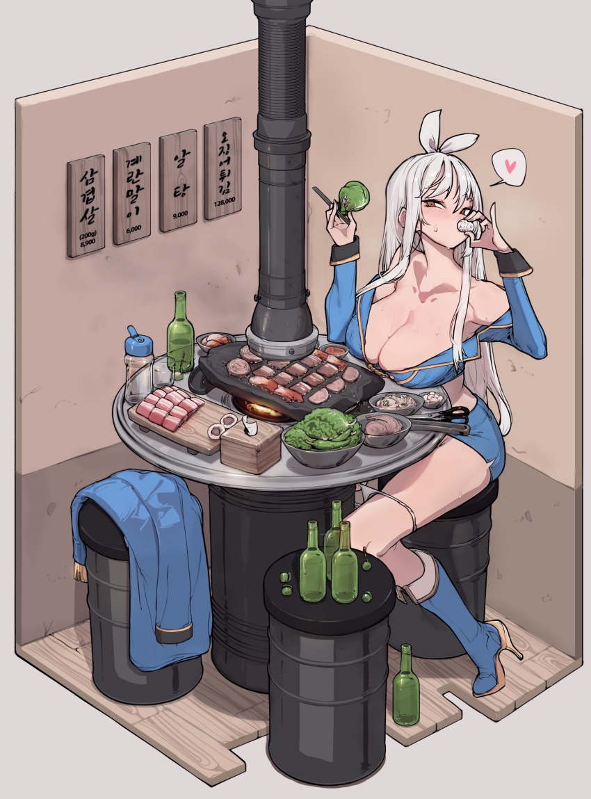 1girl absurdres alcohol areola_slip bare_shoulders blue_boots blue_skirt blush boots bottle breast_rest breasts brown_eyes chopsticks cleavage cup drinking drinking_glass food hair_ribbon happening18 heart high_heels highres holding holding_chopsticks holding_cup large_breasts lettuce long_hair midriff original panties panty_pull ribbon shot_glass sitting skirt soju solo spoken_heart sweat tissue_box underwear white_hair white_panties yakiniku