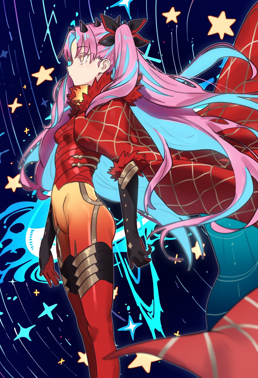 1girl absurdres bodysuit breasts cloak ebora facial_mark fate/grand_order fate_(series) forehead_mark fur-trimmed_cloak fur_trim highres horns ishtar_(fate) long_hair medium_breasts red_bodysuit red_cloak solo space_ishtar_(fate) space_ishtar_(third_ascension)_(fate) symbol-shaped_pupils two_side_up
