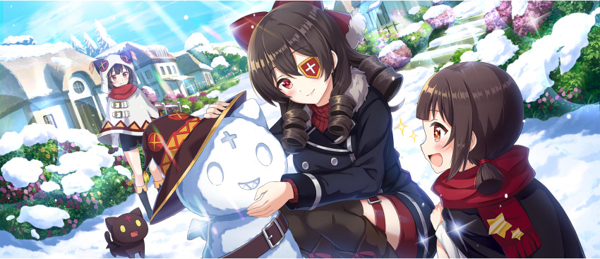 +_+ 3girls :d arue_(konosuba) belt belt_buckle black_cat black_cloak black_coat black_footwear black_hat black_thighhighs blue_sky blush boots bow brown_belt brown_footwear brown_hair buckle building buttons cat child chomusuke cloak coat day double-breasted drill_hair drill_sidelocks eyepatch fold-over_boots fur-trimmed_coat fur_trim game_cg hair_between_eyes hair_bow hair_tie hat highres knee_boots komekko kono_subarashii_sekai_ni_shukufuku_wo! konosuba!_fantastic_days light_blush light_smile long_hair looking_at_another megumin multiple_girls official_alternate_costume official_art open_mouth outdoors poncho red_belt red_bow red_eyes red_scarf red_sweater road scarf shirt short_hair short_twintails sidelocks sky smile snow snow_sculpture sparkle squatting standing street sunlight sweater thigh_belt thigh_strap thighhighs twintails white_poncho white_shirt winged_cat winter winter_clothes winter_coat witch_hat zettai_ryouiki