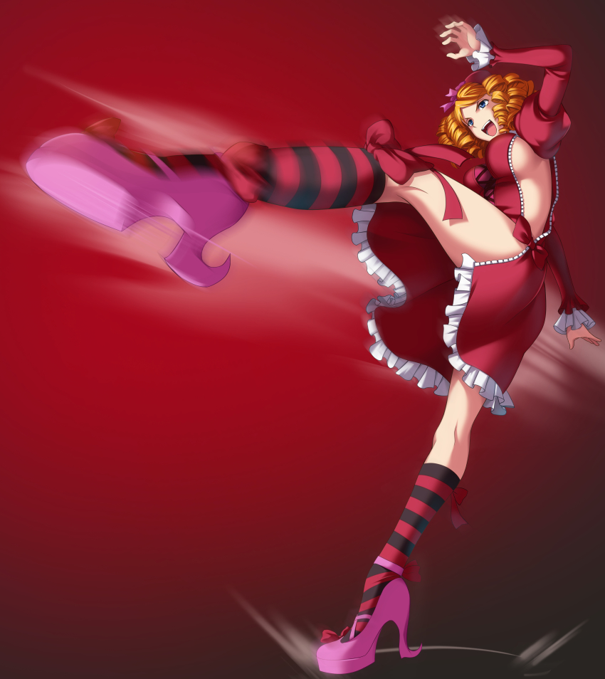 &gt;:d 07th_expansion 1girl :d absurdres artist_request ass blonde_hair blue_eyes breasts dress drill_hair female_focus full_body gaap_(umineko) game_cg high_heels highres juliet_sleeves kicking kneehighs leg_up long_sleeves motion_blur no_bra no_panties official_art open_mouth puffy_sleeves red_background red_dress roundhouse_kick side_slit sideboob simple_background smile socks solo standing standing_on_one_leg striped_clothes striped_socks teeth thighs tongue umineko_no_naku_koro_ni v-shaped_eyebrows