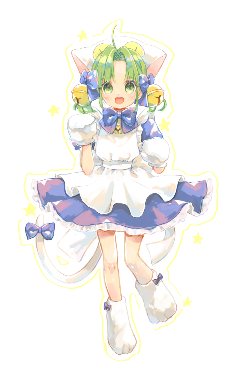 1girl 58_(scbaby) absurdres ahoge animal_hat bell blue_bow blue_dress bow cat_hat cat_tail dejiko di_gi_charat dress frilled_dress frills full_body green_eyes green_hair hat highres jingle_bell looking_at_viewer mittens open_mouth solo tail white_background white_mittens