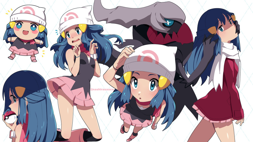 1girl arm_up beanie black_socks blue_eyes blue_hair blush_stickers boots bracelet chibi coat commentary creatures_(company) darkrai dawn_(pokemon) game_freak gen_4_pokemon hair_ornament hairclip hand_up hat highres holding holding_poke_ball jewelry kneehighs legendary_pokemon long_hair long_sleeves looking_back mythical_pokemon nashirasauce nintendo notice_lines pink_boots pink_scarf poke_ball poke_ball_(basic) pokemon pokemon_(anime) pokemon_(creature) pokemon_dppt pokemon_dppt_(anime) pokemon_platinum red_coat scarf sidelocks socks white_scarf