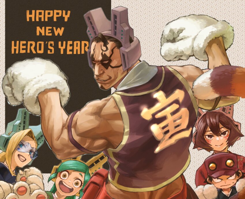 2boys 3girls animal_hands bare_shoulders baseball_cap boku_no_hero_academia cat_paws cat_tail cheekbones child cropped_shirt eye_mask facial_hair flexing goatee goggles green_hair grin happy_new_year hat highres izumi_kota long_hair loose_hair_strand mandalay_(boku_no_hero_academia) multiple_boys multiple_girls muscular muscular_male new_year paw_pose pixie-bob_(boku_no_hero_academia) ragdoll_(boku_no_hero_academia) sleeveless smile tail tiger_(boku_no_hero_academia) triceps yomoyama_yotabanashi