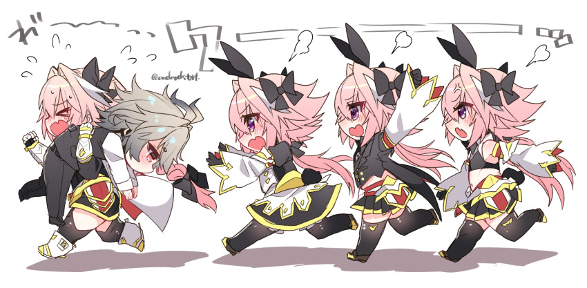 &gt;_&lt; 5boys anger_vein angry animal_ears antenna_hair armored_skirt arms_up astolfo_(fate) astolfo_(saber)_(fate) astolfo_(saber)_(first_ascension)_(fate) astolfo_(saber)_(second_ascension)_(fate) astolfo_(saber)_(third_ascension)_(fate) bare_shoulders black_bow black_bowtie black_gloves black_pants black_shirt black_thighhighs black_vest blush bow bowtie braid cape carrying carrying_over_shoulder carrying_person chasing deformed detached_sleeves dress fake_animal_ears fang fate/apocrypha fate/grand_order fate_(series) flying_sweatdrops gauntlets gloves gold_trim grey_hair hair_bow hair_intakes haoro head_steam long_braid long_hair mary_janes midriff multicolored_hair multiple_boys multiple_persona navel open_mouth pants pink_eyes pink_hair pleated_skirt purple_eyes rabbit_ears reaching reaching_towards_another red_eyes running shirt shoes short_eyebrows short_hair sieg_(fate) signature simple_background single_braid skin_fang skirt streaked_hair thighhighs trap twintails two-tone_hair very_long_hair vest waistcoat white_background white_cape white_footwear white_hair wide_sleeves
