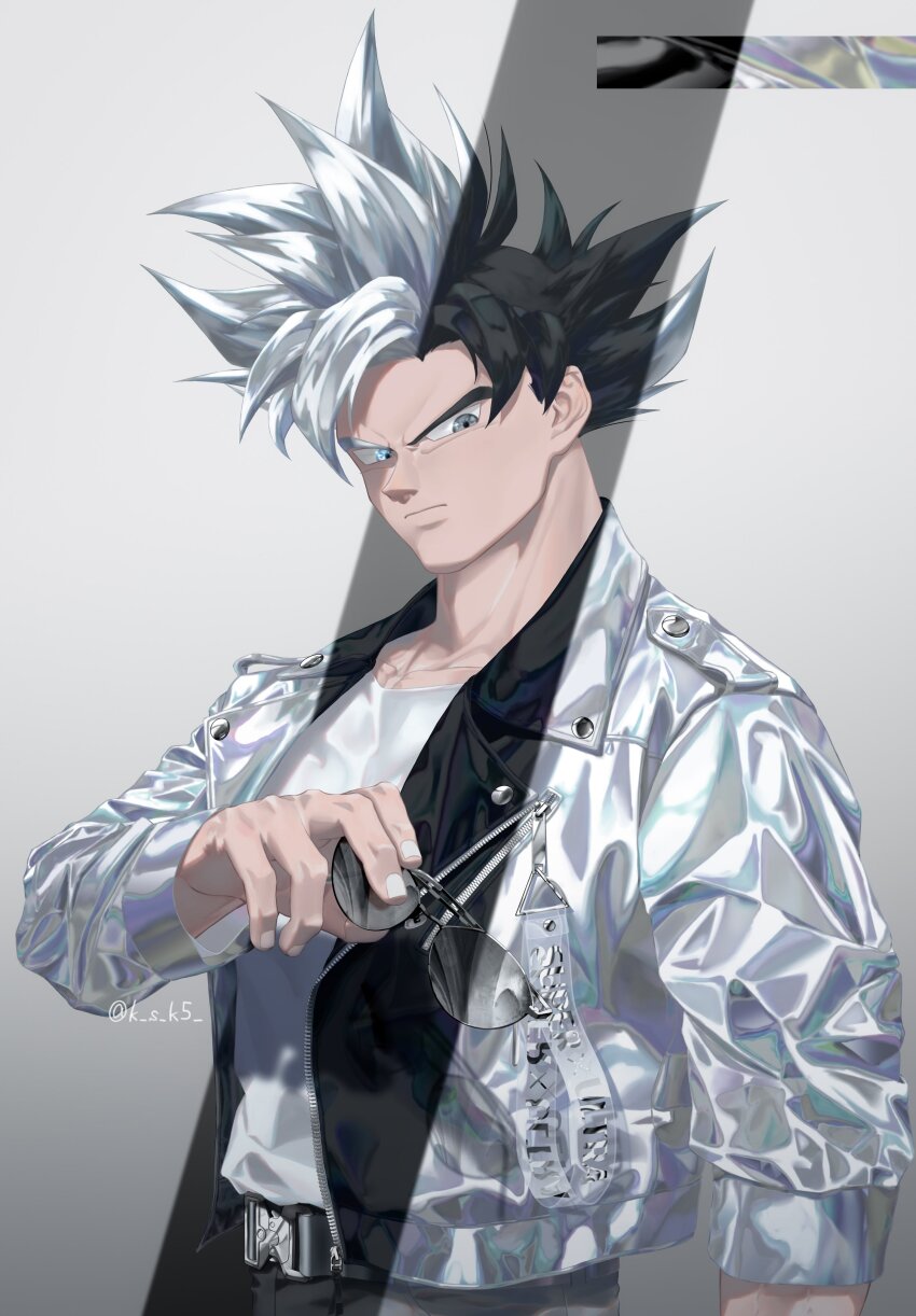 1boy absurdres alternate_costume arm_up belt belt_buckle black_hair black_jacket black_pants blue_eyes buckle closed_mouth collarbone commentary_request dragon_ball dragon_ball_super fashion grey_eyes grey_jacket heterochromia highres holding holding_removed_eyewear jacket ksuke_(k-taro31) lapels light_frown looking_to_the_side male_focus multicolored_hair pants shiny_clothes shirt sideways_glance solo son_goku spiked_hair ultra_instinct unworn_eyewear white_hair white_shirt