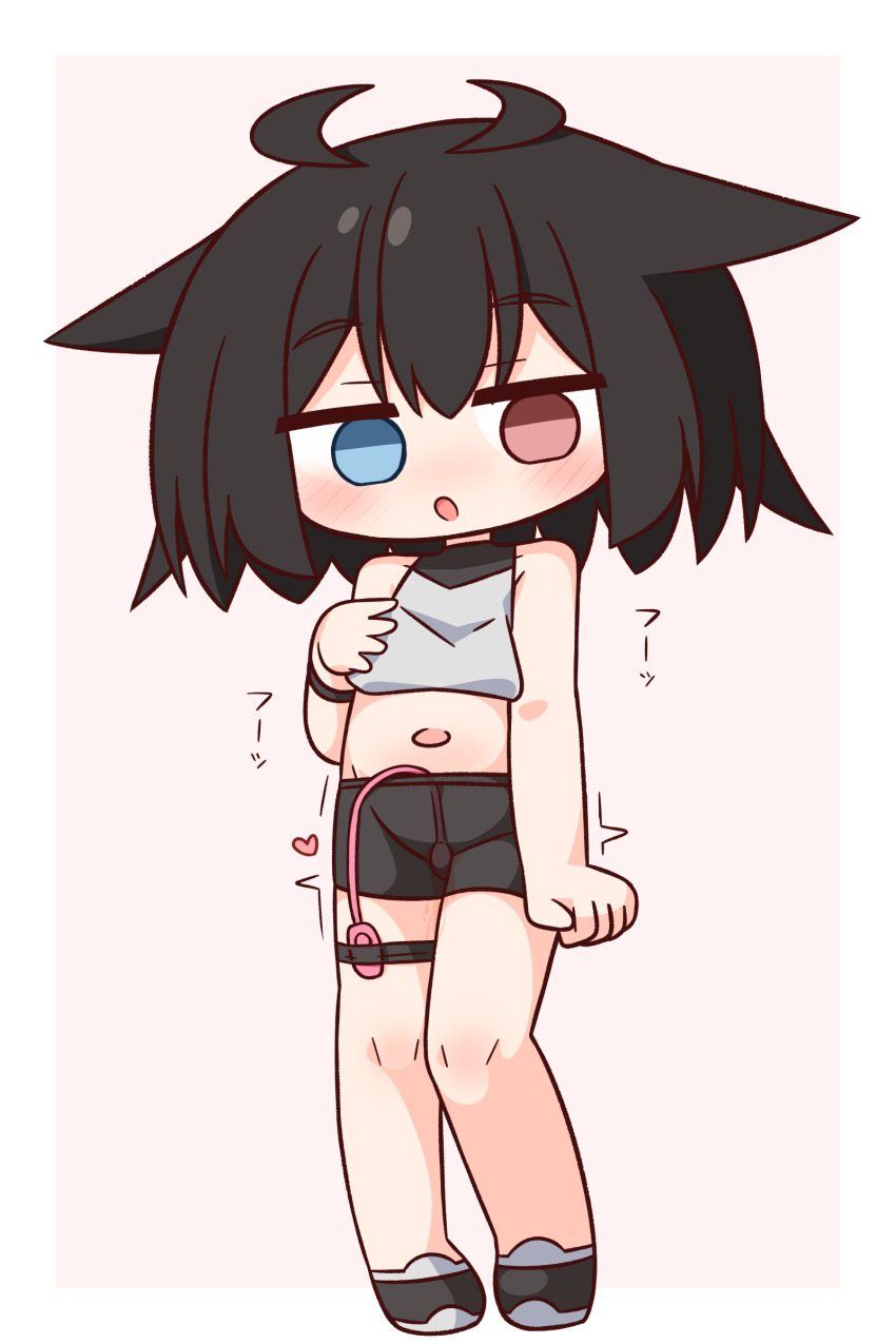 1girl absurdres bare_arms bare_shoulders black_hair black_shoes black_shorts blue_eyes blush border commentary_request crop_top cropped_shirt egg_vibrator empty_eyes full_body hana_kazari heterochromia highres looking_at_viewer midriff navel open_mouth original outside_border pussy_juice red_eyes sex_toy shirt shoes short_hair shorts simple_background sleeveless sleeveless_shirt solo standing trembling vibrator vibrator_in_thigh_strap white_border yellow_background