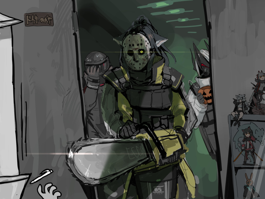 1boy 1other 2girls amiya_(arknights) animal_ears arknights armor big_bob_(arknights) black_gloves bulletproof_vest cat_ears cat_girl chainsaw coat covered_face diffraction_spikes display_case ears_down facepalm figure full_armor gloves glowing glowing_eyes halloween halloween_bucket hand_on_own_face helmet high_ponytail highres hockey_mask holding holding_chainsaw holding_pumpkin indoors jessica_(arknights) jessica_(iron_block)_(arknights) lappland_(arknights) long_hair mask mudrock_(arknights) multiple_girls mutomorokoshi open_door pen ponytail pumpkin shoulder_armor sweat tactical_clothes texas_(arknights) trick_or_treat turn_pale w_(arknights) yellow_coat yellow_eyes