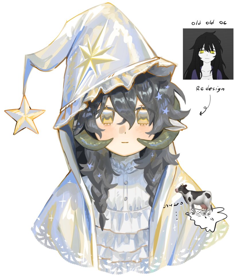1girl black_hair blue_hat blue_hoodie blush braid closed_mouth commentary_request crossed_bangs dot_nose english_text frilled_shirt frills green_horns hair_between_eyes hair_ornament hat hat_ornament highres hood hoodie horns long_hair original pointy_ears portrait shirt solo star_(symbol) star_hair_ornament star_hat_ornament thai_commentary thai_text twin_braids unholymilk white_background white_shirt yellow_eyes