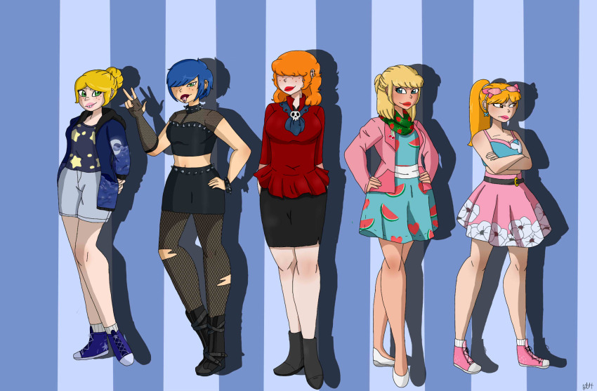 5girls alternate_costume blonde_hair blue_hair brown_eyes cartoon_network crossed_arms deviantart ed_edd_n_eddy green_eyes hands_on_own_hips highres lee_kanker lemonsandorchids33 marie_kanker may_kanker multiple_girls nazz_(ed_edd_n_eddy) orange_hair sarah_(ed_edd_n_eddy) striped_background v