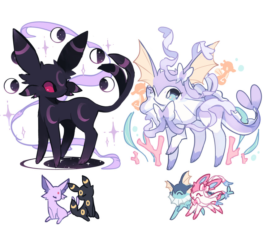 animal_focus black_fur blue_eyes bow charamells closed_mouth coral crescent_moon crescent_print espeon fins full_body full_moon fusion gen_1_pokemon gen_2_pokemon gen_6_pokemon highres horsea looking_at_another moon moon_phases nintendo no_humans pastel_colors pokemon pokemon_(creature) purple_bow purple_fur purple_ribbon red_eyes ribbon simple_background sparkle standing standing_on_three_legs star_(sky) sylveon umbreon underwater vaporeon white_background