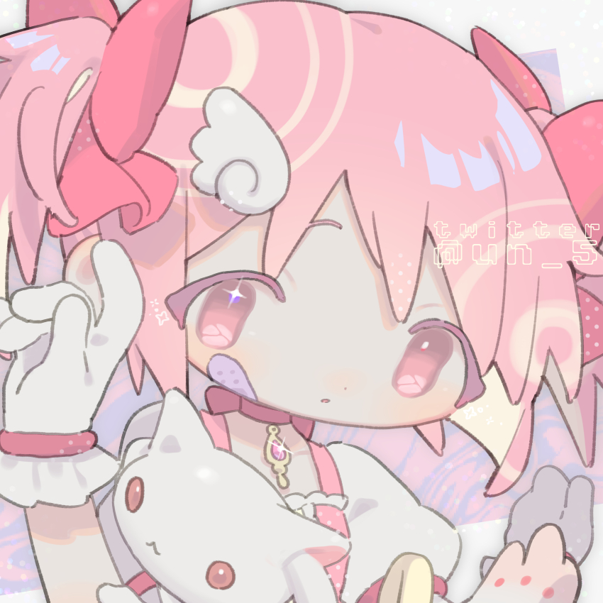 1girl 1other :3 absurdres bandaid bandaid_on_face bow center_frills chibi choker dot_nose frills gloves hair_bow hair_ornament hands_up highres kaname_madoka kaname_madoka_(magical_girl) kyubey looking_at_viewer mahou_shoujo_madoka_magica parted_lips pink_eyes pink_hair portrait puffy_short_sleeves puffy_sleeves red_bow red_eyes red_ribbon ribbon ribbon_choker short_sleeves short_twintails solo_focus soul_gem sparkling_eyes tendoshi twintails twitter_username white_fur white_gloves wing_hair_ornament