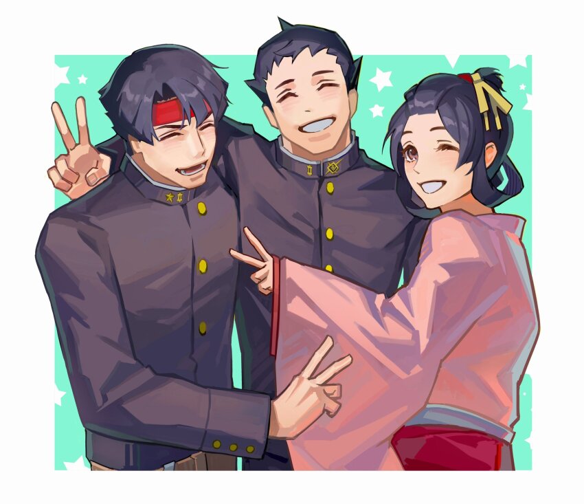 1girl 2boys :d ^_^ ace_attorney arm_around_neck arm_up badge bangs_pinned_back belt black_hair black_jacket black_pants blush brown_belt brown_eyes buttons closed_eyes collared_jacket cowboy_shot curtained_hair erhuazi917 gakuran green_background grin hair_ribbon hair_rings hakama hakama_skirt headband highres inset_border jacket japanese_clothes kazuma_asogi kimono long_sleeves multiple_boys one_eye_closed open_mouth outside_border pants pink_kimono ponytail popped_collar red_hakama red_headband red_skirt ribbon ryunosuke_naruhodo school_uniform sheath sheathed short_hair short_ponytail skirt smile star_(symbol) susato_mikotoba teeth the_great_ace_attorney the_great_ace_attorney:_adventures v wide_sleeves yellow_ribbon