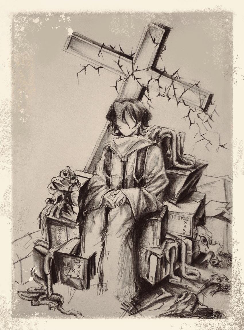 1boy absurdres border box cross faceless graphite_(medium) greyscale hands_on_lap highres long_sleeves male_focus monochrome mutou_(wanniya88414) on_box robe saibou_shinkyoku short_hair sitting sitting_on_box solo stole thorns traditional_media translation_request utsugi_noriyuki white_border wide_sleeves