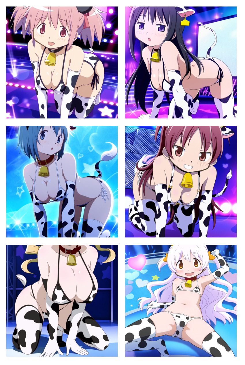 akemi_homura alternate_breast_size animal_ears animal_print ass belt_collar bikini black_hair blonde_hair blue_eyes blue_hair breasts charlotte_(madoka_magica) collar cow_ears cow_print cow_print_bikini cow_tail cowbell drill_hair faceless faceless_female flat_chest floor hands_on_floor head_out_of_frame kaname_madoka kneeling large_breasts legs legs_apart long_hair magical_girl mahou_shoujo_madoka_magica mami_mogu_mogu midriff miki_sayaka multiple_girls navel neck nipples pink_eyes pink_hair print_bikini purple_eyes red_eyes red_hair sakura_kyoko short_hair small_breasts smile swimsuit tagme tail thighhighs tomoe_mami twin_drills twintails white_hair yellow_eyes