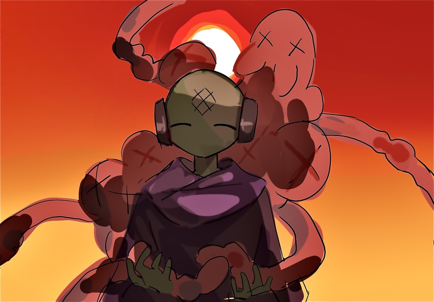 1boy ^_^ androgynous closed_eyes creature death facial_mark forehead_mark highres holding holding_creature humanoid_robot hunter_(rain_world) iterator_(rain_world) material_growth monster no_nose no_significant_harassment orange_background purple_robe purple_scarf rain_world robe robot robot_ears scarf slugcat sunlight tentacles x_x yellow_background yonyangrw