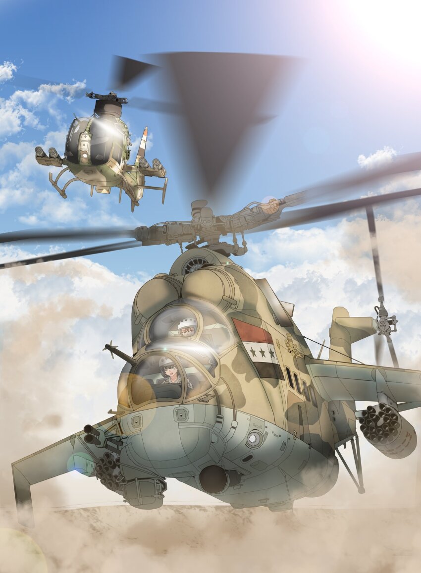 2girls aerospatiale_gazelle aircraft attack_helicopter blue_sky cloud commission dust_cloud helicopter helmet highres iraqi_army iraqi_flag lens_flare lewdtenant_isan mi-24 military_vehicle missile_pod multiple_girls original pilot sky vehicle_focus