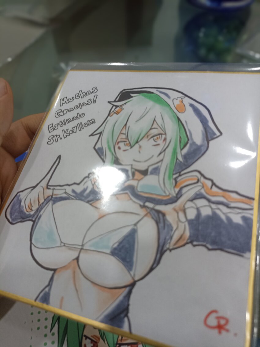 absurdres akeikou bikini bikini_top_only breasts digimon digimon_world_re:digitize goggles goggles_around_neck highres hood hoodie photo_(medium) shinomiya_rina swimsuit traditional_media