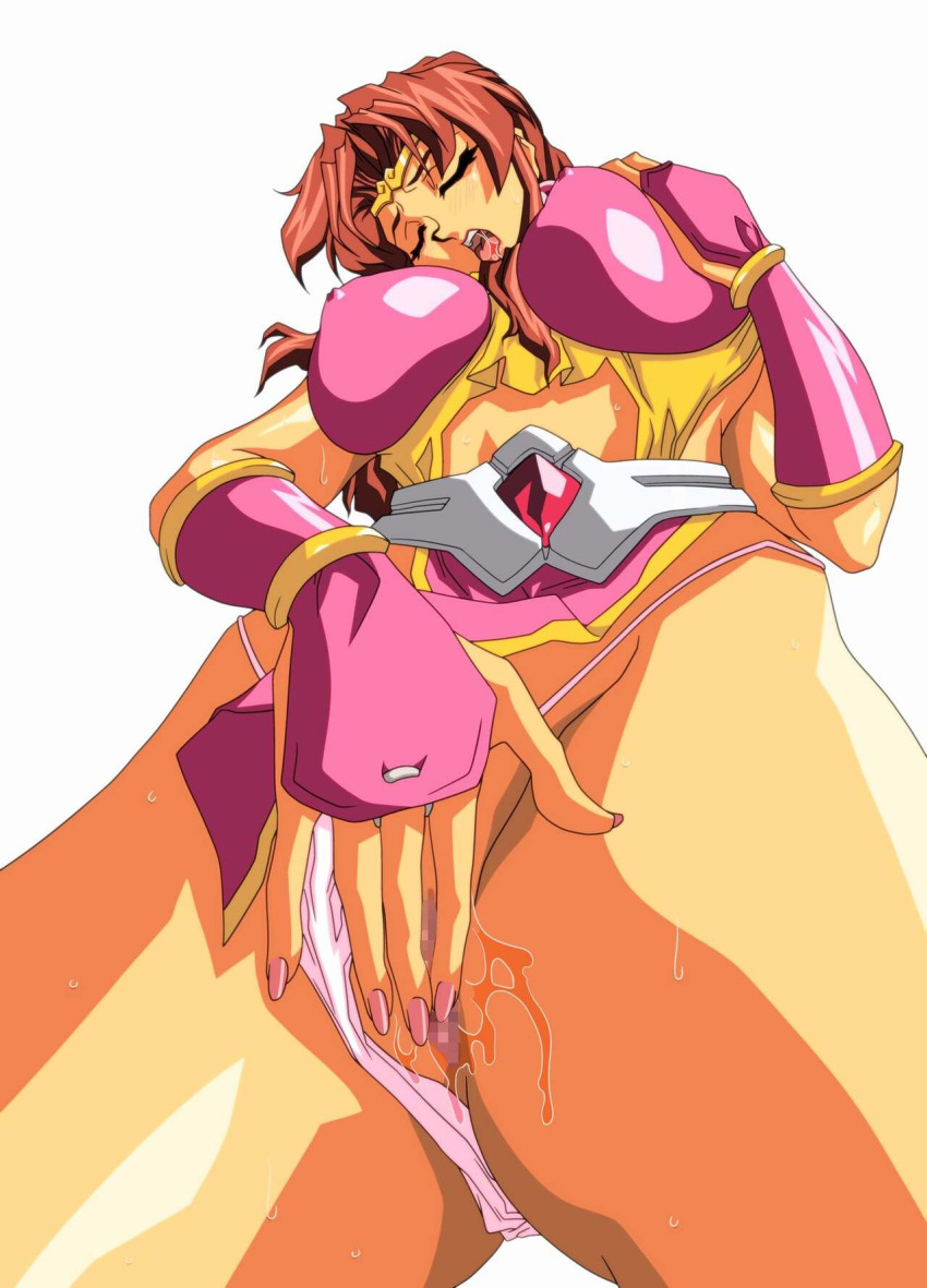 1990s_(style) 1girl brown_eyes brown_hair choujin_gakuen_gowcaizer closed_eyes clothing_aside crotch_rub female_masturbation highres masturbation mitake_2000 moaning panties panties_aside pussy_juice retro_artstyle simple_background solo son_karin thong underwear
