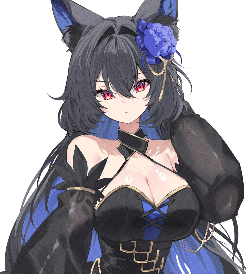 1girl animal_ear_fluff animal_ears arm_up bare_shoulders black_dress black_hair blue_hair breasts character_request cleavage closed_mouth collarbone colored_inner_animal_ears colored_inner_hair commentary_request commission criss-cross_straps detached_sleeves dress expressionless flower gold_trim gurami_(zangizarang) hair_between_eyes hair_flower hair_intakes hair_ornament halter_dress halterneck hand_in_own_hair highres korean_commentary large_breasts long_hair looking_at_viewer multicolored_hair original purple_flower red_eyes simple_background solo upper_body very_long_hair white_background