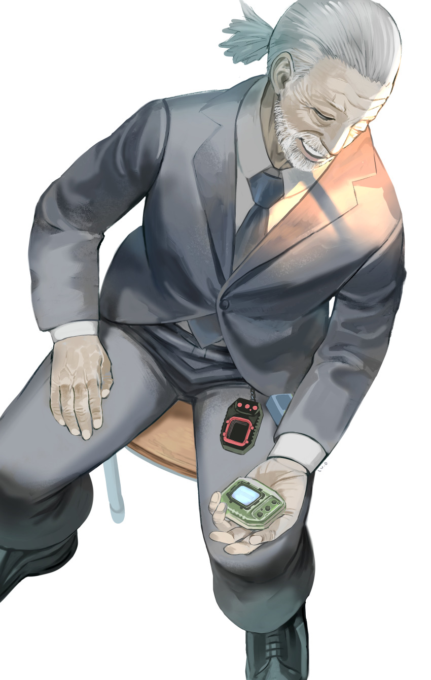 1boy absurdres black_jacket black_pants black_suit chair digimon digimon_(virtual_pet) formal_clothes grey_hair highres jacket level-00 male_focus old old_man pants ponytail shirt short_hair simple_background sitting solo suit virtual_pet_(toy) white_shirt
