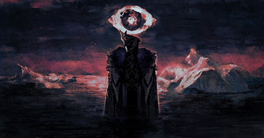 1boy bird black_cape cape capitano_(genshin_impact) commentary english_commentary flying fur-trimmed_cape fur_trim genshin_impact helmet highres iceberg limited_palette male_focus mpkpc partially_submerged solo standing water