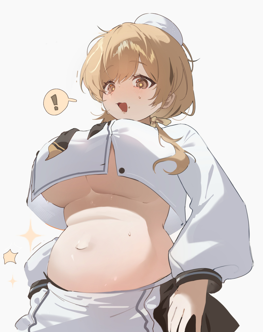 ! 1girl absurdres belly blonde_hair bready_(nikke) breasts brown_eyes chef crop_top cropped_jacket goddess_of_victory:_nikke highres inconvenient_breasts jacket large_breasts navel no_bra pkts1017 plump simple_background solo spoken_exclamation_mark sweat underboob undersized_clothes white_background white_jacket
