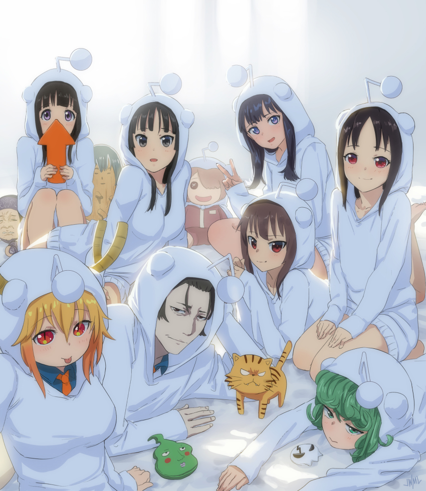 1boy 6+girls :&gt; :d :| akiyama_mio antennae arm_support arrow_(symbol) asirpa backlighting black_hair blonde_hair blue_eyes blue_shirt blunt_bangs breasts brown_hair character_doll character_request chitanda_eru closed_mouth collarbone collared_shirt cosplay crossover curly_hair dragon_girl dragon_horns dress_shirt ekubo_(mob_psycho_100) golden_kamuy gradient_hair green_eyes green_hair grey_eyes gridman_universe hands_on_own_thighs hands_up highres hina_(hinamatsuri) hinamatsuri_(manga) hood hood_up hoodie horns hoshino_miyako_(wataten) hyouka jacket justin_leyva_(steamy_tomato) k-on! kaguya-sama_wa_kokurasetai_~tensai-tachi_no_renai_zunousen~ kaiki_deishuu kobayashi-san_chi_no_maidragon kono_subarashii_sekai_ni_shukufuku_wo! large_breasts log long_hair looking_at_viewer looking_up lying megumin monogatari_(series) multicolored_hair multiple_girls necktie old old_woman on_side on_stomach one-punch_man open_mouth orange_eyes orange_hair orange_necktie palmtop_tiger parted_bangs reclining red_eyes reddit seiza shinomiya_kaguya shirt short_hair short_hair_with_long_locks sidelocks signature sitting slit_pupils smile snoo snoo_(cosplay) ssss.gridman stuffed_toy takarada_rikka tatsumaki thighs tohru_(maidragon) tongue tongue_out toradora! track_jacket track_suit v watashi_ni_tenshi_ga_maiorita! white_hoodie