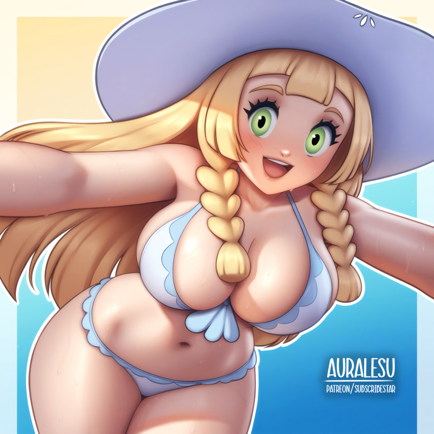 1girl ai-assisted alternate_costume auralesu bikini blonde_hair blue_background blush braid breasts cleavage collarbone creatures_(company) curvy game_freak gradient_background green_eyes hat lace lace-trimmed_bikini lace_trim large_breasts leaning_forward lillie_(pokemon) long_hair looking_at_viewer navel nintendo open_mouth pokemon pokemon_sm smile standing sun_hat sweat swimsuit teeth thong thong_bikini twin_braids two-tone_background white_bikini white_hat wide_hips yellow_background