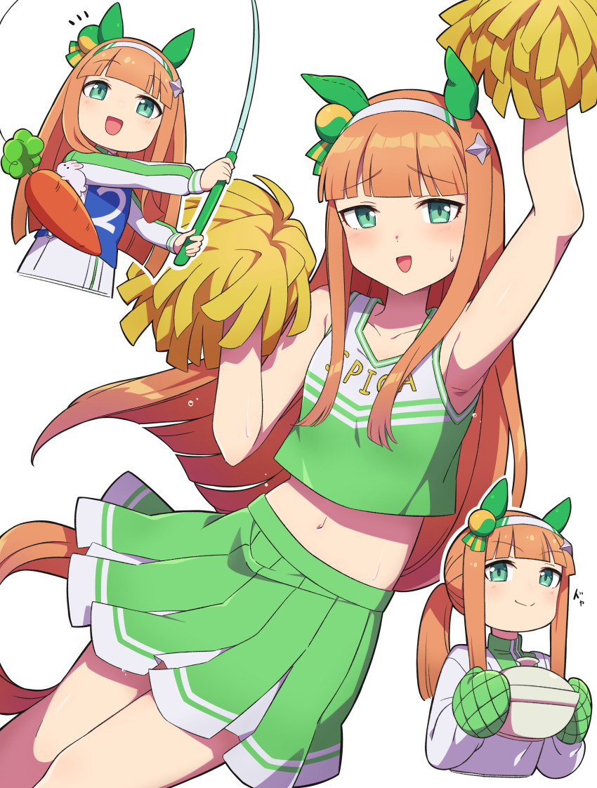 1girl absurdres alternate_costume alternate_hairstyle animal_ears anime_coloring apron arm_up armpits blunt_bangs breasts carrot cheerleader collarbone commentary_request fishing_rod green_eyes hair_ornament headband highres horse_ears horse_girl horse_tail looking_at_viewer orange_hair pom_pom_(cheerleading) sha_(siasha0104) silence_suzuka_(umamusume) sleeveless small_breasts solo sweat tail umamusume umamusume_(anime) white_background