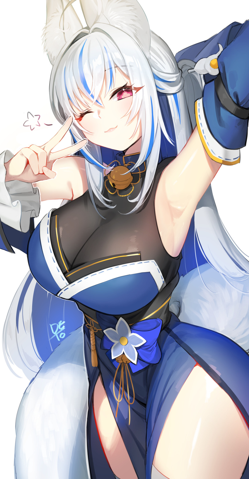 1girl ;3 absurdres ahoge animal_ears arm_behind_head arm_up armpits bare_shoulders bell black_shirt blue_choker blue_kimono breasts choker cleavage closed_mouth colored_inner_hair commission cowboy_shot detached_sleeves fox_ears fox_girl fox_tail guamon hand_up highres japanese_clothes jingle_bell kimono large_breasts long_hair long_sleeves looking_at_viewer multicolored_hair obi one_eye_closed original pelvic_curtain red_eyes sash see-through_cleavage see-through_clothes shirt simple_background smile solo strapless_kimono streaked_hair symbol-shaped_pupils tail thighs undershirt v very_long_hair white_background white_hair wide_sleeves