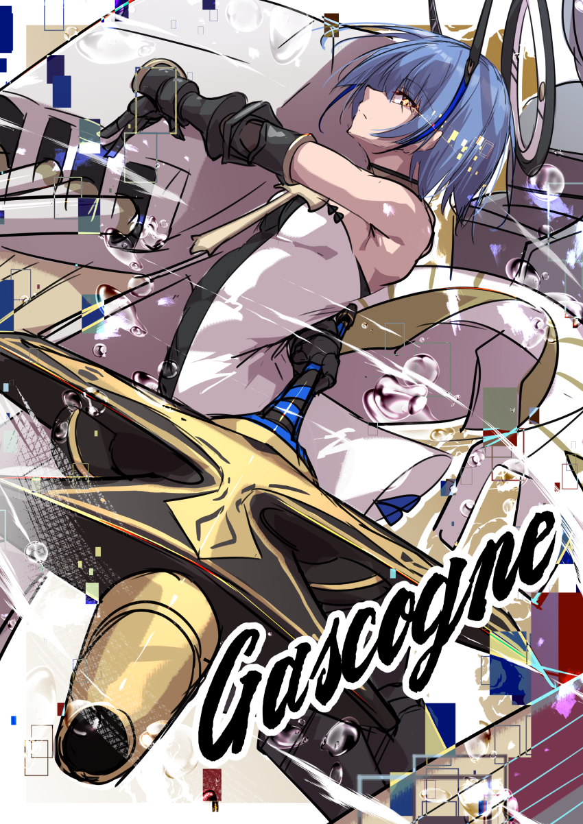 1girl absurdres armored_boots azur_lane black_gauntlets blue_hair boots bubble character_name closed_mouth dress gascogne_(azur_lane) glitch highres holding holding_polearm holding_weapon looking_at_viewer oriue_wato polearm rigging ship_turret short_hair sketch solo weapon white_dress yellow_eyes
