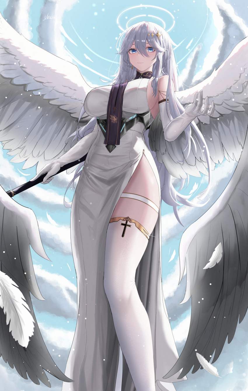 1girl absurdres alternate_costume angel angel_wings azur_lane bare_shoulders blue_eyes blue_sky breasts closed_mouth cloud commentary_request cross day diamond_earrings dress eagle_union_(emblem) earrings elbow_gloves falling_feathers feathered_wings feathers from_below gloves gold_trim hair_ornament halo halter_dress halterneck highres holding holding_staff jewelry large_breasts light_particles long_hair looking_at_viewer side_slit sideboob sky solo sparkle_hair_ornament staff standing thigh_strap thighhighs thighs uss_washingtonisthebest1940 washington_(azur_lane) white_dress white_gloves white_hair white_halo white_thighhighs white_wings wings