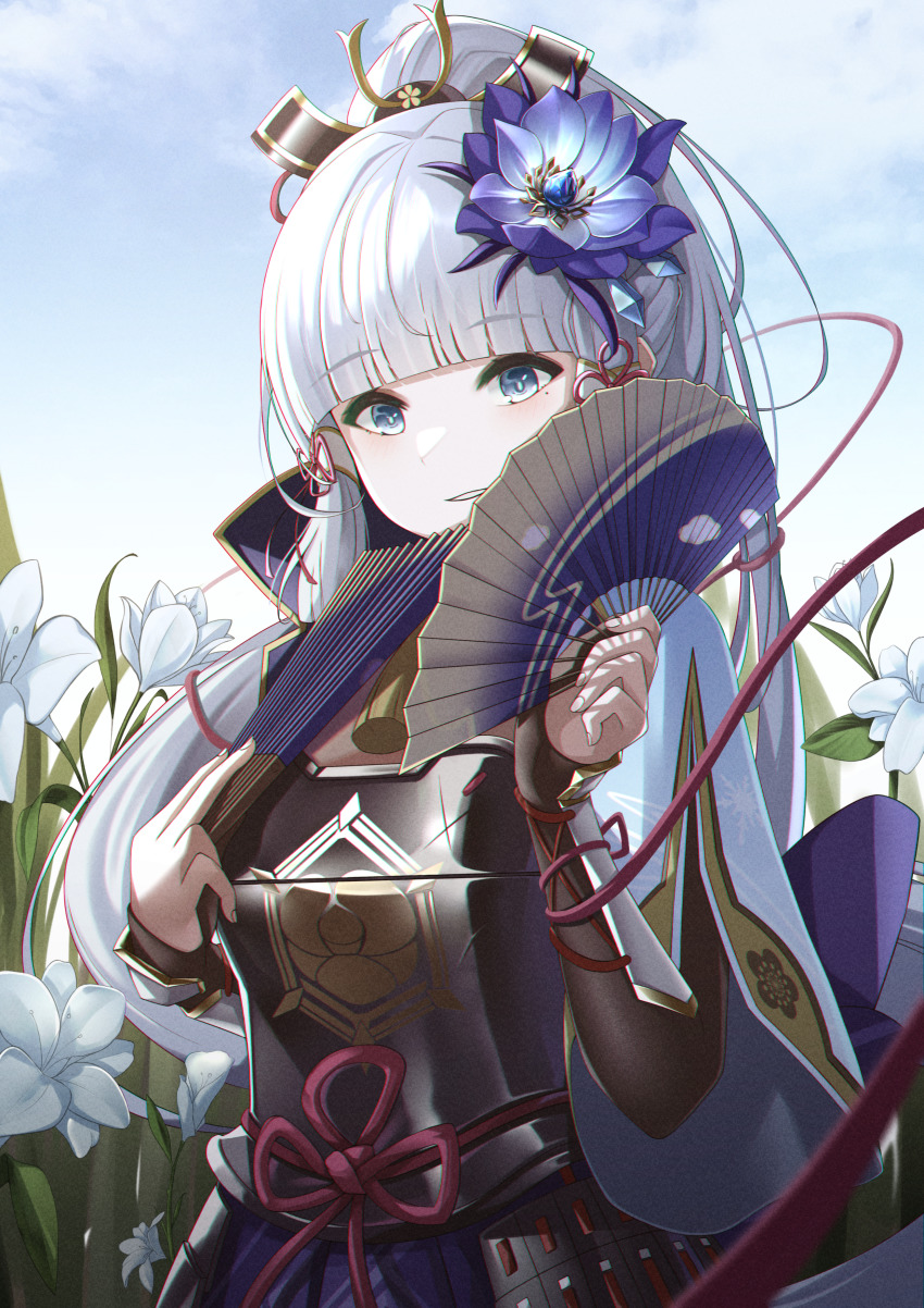 1girl absurdres armor ayaka_(genshin_impact) blue_eyes blunt_bangs breastplate day field floating_hair flower flower_field folding_fan genshin_impact hair_flower hair_ornament hair_ribbon hand_fan high_ponytail highres holding holding_fan long_hair long_sleeves mole mole_under_eye outdoors pink_ribbon ponytail purple_flower ribbon solo very_long_hair white_flower white_hair winterlime12