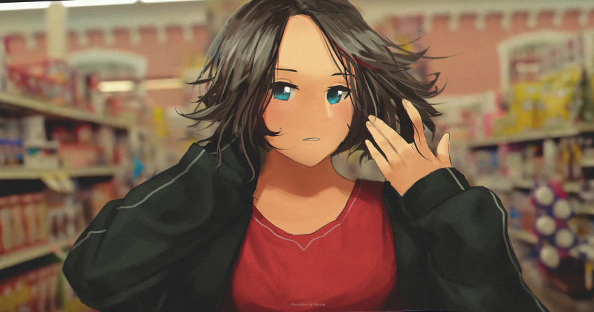 1girl black_jacket blue_eyes blurry blurry_background brown_hair commentary english_commentary faiz_azhar hands_up highres indoors jacket looking_at_viewer multicolored_hair open_clothes open_jacket original parody parted_lips red_hair red_shirt riva_isamu shirt shop short_hair solo streaked_hair upper_body