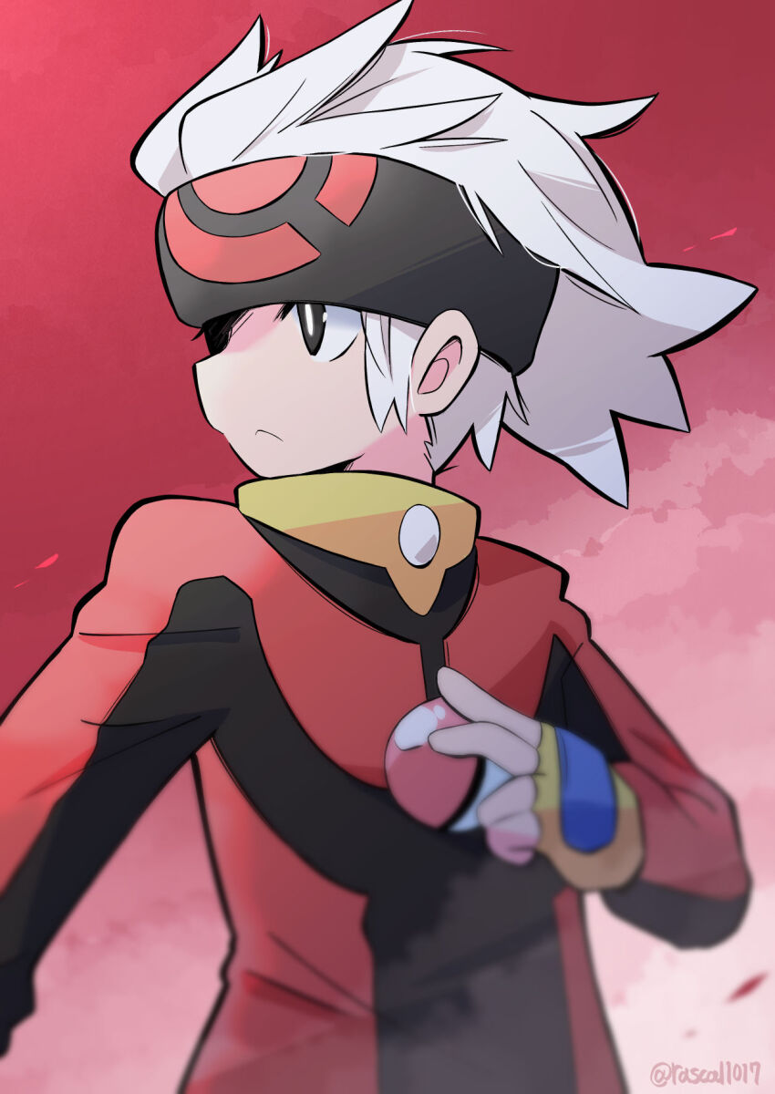 1boy alternate_color alternate_hairstyle artist_name black_eyes black_headband black_shirt brendan_(pokemon) closed_mouth commentary dust fingerless_gloves from_side gloves headband highres holding holding_poke_ball jacket light_frown long_sleeves looking_to_the_side male_focus nintendo no_headwear poke_ball poke_ball_(basic) poke_ball_print pokemon pokemon_rse print_headband print_headwear rascal_(feuille) red_background red_shirt shirt short_hair sidelocks sketch solo standing twitter_username two-tone_shirt upper_body white_hair yellow_gloves