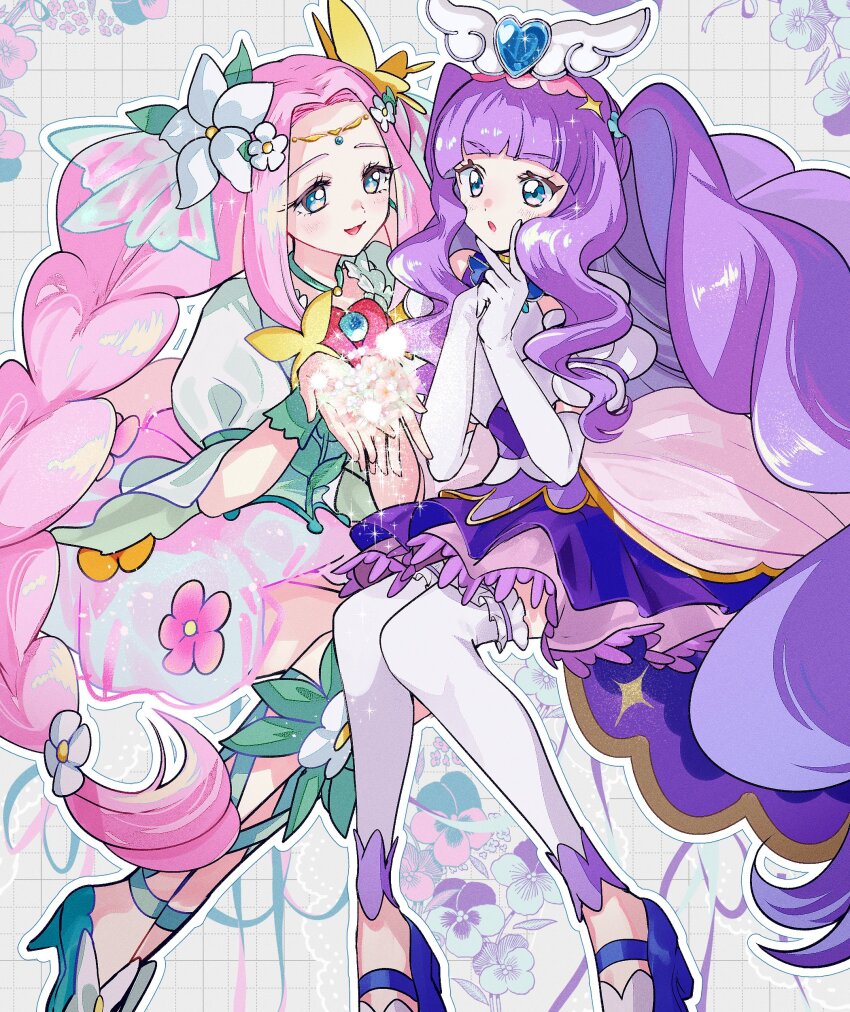2girls absurdres asako_(itiba) blue_eyes blush braid brooch commentary cure_felice cure_majesty dress elbow_gloves ellee-chan flower flower-shaped_pupils gloves hair_flower hair_ornament hanami_kotoha high_heels highres hirogaru_sky!_precure jewelry long_hair magical_girl mahou_girls_precure! multicolored_dress multiple_girls open_mouth pink_hair precure puffy_short_sleeves puffy_sleeves purple_dress purple_hair short_sleeves smile symbol-shaped_pupils thighhighs tiara twin_braids two_side_up very_long_hair white_gloves white_thighhighs wing_brooch wrist_cuffs