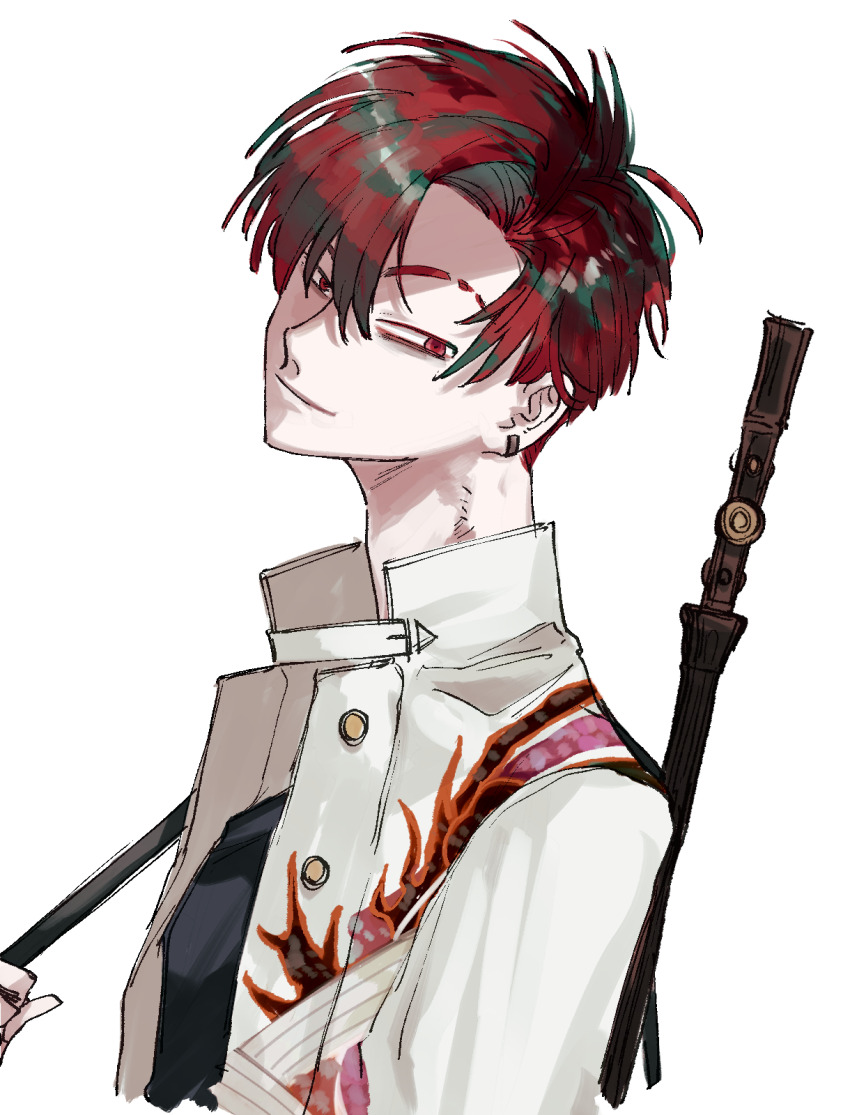 1boy closed_mouth commentary_request cropped_torso curtained_hair earrings eyebrow_cut facing_up facing_viewer fate/grand_order fate_(series) from_side hand_up head_tilt highres jewelry light_smile looking_at_viewer male_focus mashiro_ddsk multicolored_hair red_eyes red_hair short_hair simple_background single_earring sketch sword sword_on_back takasugi_shinsaku_(fate) takasugi_shinsaku_(first_ascension)_(fate) three_quarter_view upper_body very_short_hair weapon weapon_on_back white_background