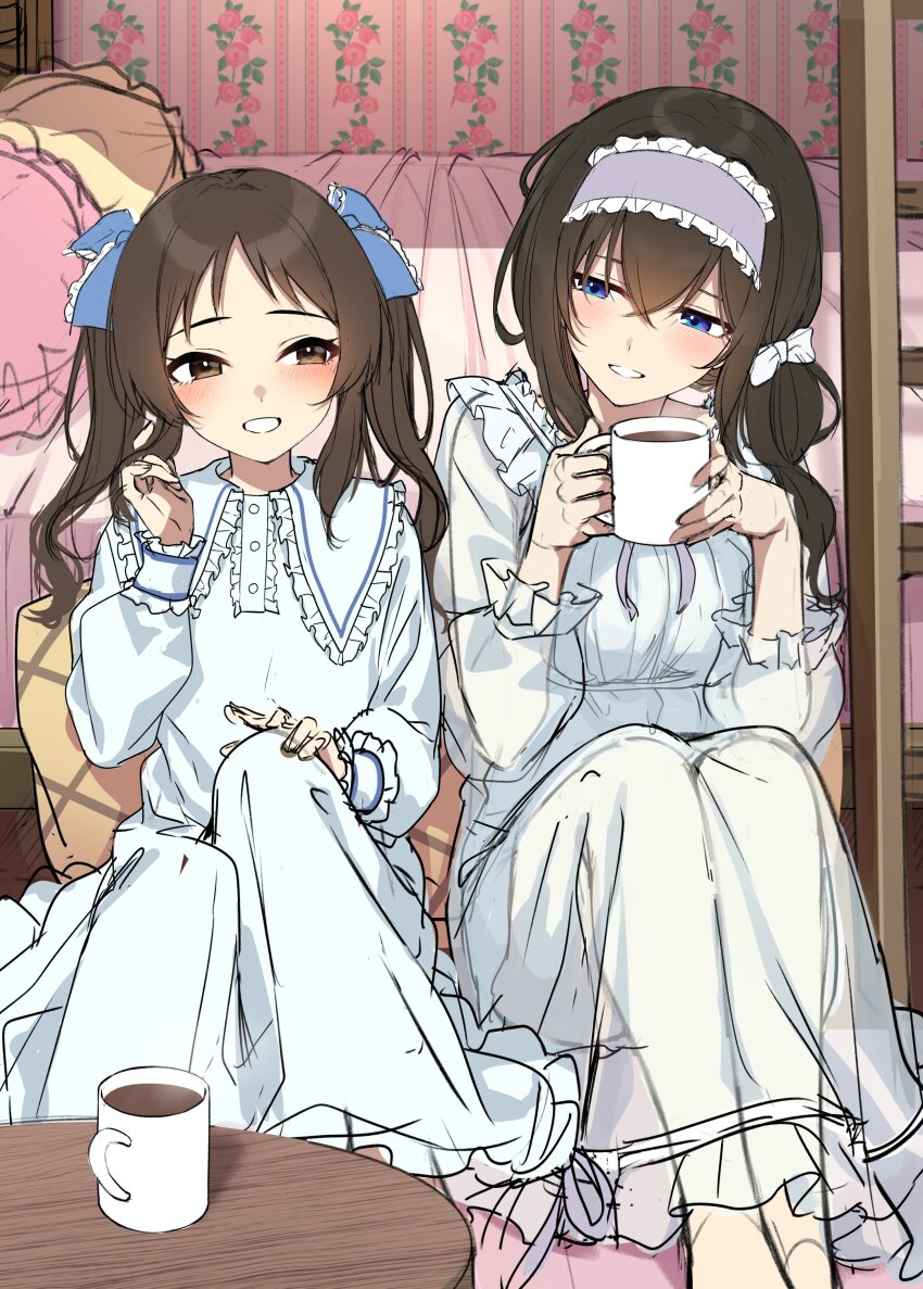 2girls absurdres against_bed bed bedroom black_hair blue_bow blue_eyes blush bow brown_eyes brown_hair bunk_bed coffee_mug coffee_table commentary cup dress floral_print frilled_dress frilled_hairband frilled_pajamas frills go-1 hair_bow hairband hand_on_own_knee highres holding holding_cup idolmaster idolmaster_cinderella_girls idolmaster_cinderella_girls_u149 indoors knees_up ladder long_hair looking_at_another mug multiple_girls on_floor pajamas pillow sagisawa_fumika side-by-side sitting smile steam table tachibana_arisu twintails wallpaper_(object) white_dress white_pajamas wooden_table