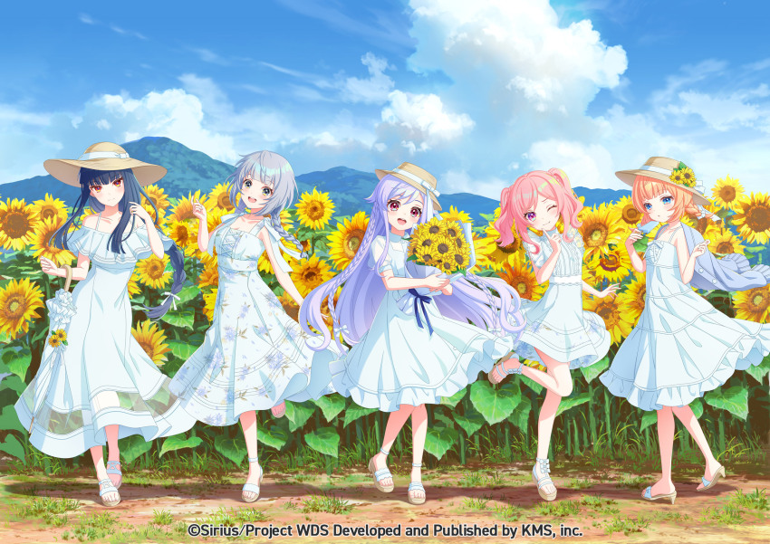5girls :d ;d alternate_costume bare_shoulders blue_eyes blue_sky blush bouquet bow breasts cloud commentary_request day dress fence field flower flower_field frills fudeshima_shigure full_body hair_between_eyes hair_ornament hair_ribbon hat hat_bow hat_flower hat_ribbon highres holding holding_bouquet holding_flower kanengomi leg_up long_hair looking_at_viewer motosu_towa mountain multiple_girls niizuma_yae official_art one_eye_closed open_mouth outdoors pink_hair pink_ribbon purple_eyes purple_hair ribbon senju_iroha senju_koyomi shoes sky small_breasts smile socks standing standing_on_one_leg straw_hat sun_hat sundress sunflower very_long_hair white_dress windmill world_dai_star yellow_flower