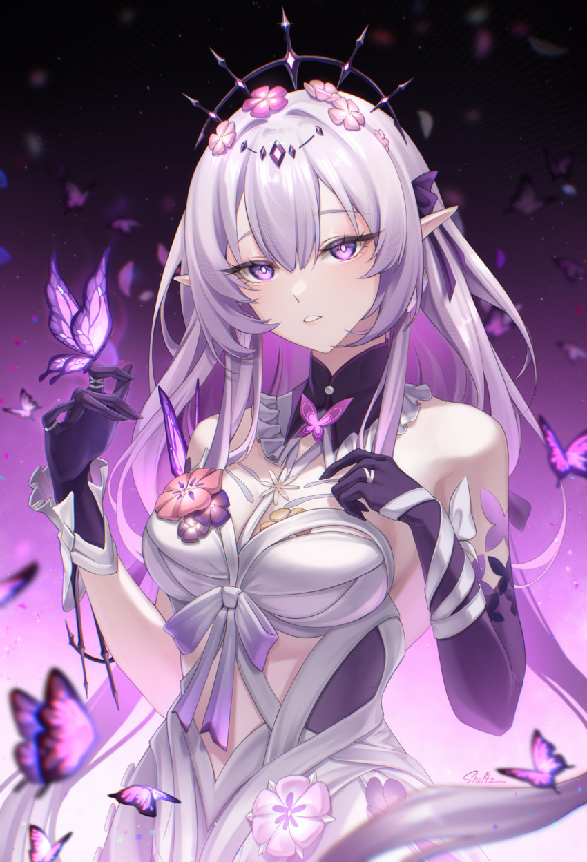 1girl breasts bug butterfly castorice_(honkai:_star_rail) gloves highres honkai:_star_rail honkai_(series) insect purple_butterfly purple_eyes purple_gloves purple_hair sheltz solo teeth