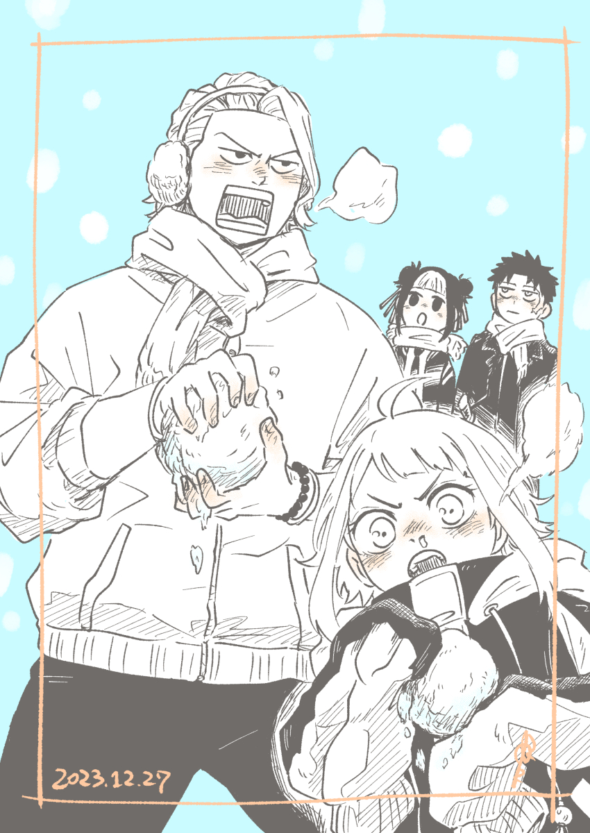 2boys 2girls :o absurdres ahoge bead_bracelet beads black_hair blue_background blush bracelet breath child coat double_bun earmuffs hair_bun highres hinao_(kagurabachi) jewelry kagurabachi kyonagi_char mittens multicolored_hair multiple_boys multiple_girls nnararagi open_mouth outdoors rokuhira_chihiro scar scar_on_face scarf shiba_tougo simple_background snowball two-tone_hair