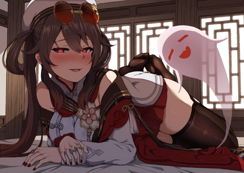 1girl 4tb_(4tera_byte) black_thighhighs blush brown_hair butterfly_ring dress eyewear_on_head feet flower-shaped_pupils genshin_impact ghost hair_between_eyes hair_rings hat highres hu_tao_(cherries_snow-laden)_(genshin_impact) hu_tao_(genshin_impact) jewelry long_hair long_sleeves looking_at_viewer lying official_alternate_costume on_side red-tinted_eyewear red_eyes red_nails red_skirt round_eyewear skirt smile solo sunglasses symbol-shaped_pupils thighhighs tinted_eyewear twintails white_hat yellow-framed_eyewear