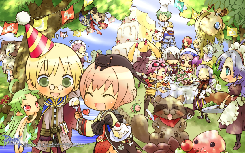 6+boys 6+girls :3 alchemist_(ragnarok_online) animal animal_on_head animal_print apple apron baggy_pants bandana belt bird black_hat blacksmith_(ragnarok_online) blindfold blonde_hair blue_cape blue_eyes blue_flower blue_pants blue_sky blush bottle bow_(music) bracelet braid brown_belt brown_coat brown_dress brown_footwear brown_gloves brown_hair brown_pants brown_shirt brown_skirt cake cake_slicer cape cat cat_on_head chef_hat chibi chibi_only chicken_(food) closed_eyes closed_mouth cloud clown_(ragnarok_online) coat copyright_notice crying curly_sue dress eagle eating fish_in_mouth flower food fork frilled_apron frills fruit fujimori_nattsu full_body fur-trimmed_jacket fur_trim glasses gloves goggles goggles_on_head grass green_eyes green_hair green_hat hanbok hat hat_flower high_priest_(ragnarok_online) highres holding holding_bow_(music) holding_fork holding_instrument holding_violin hunter_(ragnarok_online) in_tree instrument jacket jester_cap jewelry kafra_uniform knight_(ragnarok_online) korean_clothes leilah_(ragnarok_online) lif_(ragnarok_online) logo long_hair long_sleeves maid maid_headdress marionette_(ragnarok_online) meat multicolored_hat multiple_boys multiple_girls mushroom ninja_(ragnarok_online) official_art official_wallpaper on_head one_eye_closed open_mouth outdoors pants party_hat pavianne_(ragnarok_online) peco_peco peeking_out pelvic_curtain piglet pink_eyes pink_hair pizza pointy_ears poring print_jacket puffy_short_sleeves puffy_sleeves purple_hair purple_hat raccoon ragnarok_online red_bandana red_cape red_hair red_sash red_scarf rogue_(ragnarok_online) sash savage_babe scarf shirt shoes short_hair short_sleeves skirt sky smile smokie_(ragnarok_online) soul_linker_(ragnarok_online) spiked_bracelet spikes streaming_tears sweet_potato tam_(ragnarok_online) tears thief_(ragnarok_online) tiger_print tree triangle_mouth two-sided_cape two-sided_fabric violin white_apron white_gloves white_hat white_shirt wine_bottle wizard_(ragnarok_online) yellow_hat yellow_jacket