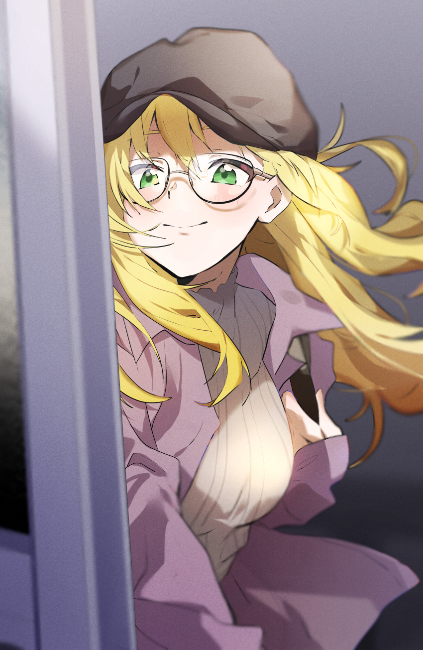 1girl absurdres bespectacled black_hat blonde_hair breasts closed_mouth floating_hair glasses green_eyes hat highres hoshii_miki idolmaster idolmaster_(classic) jacket katsu_(kana) long_hair long_sleeves looking_at_viewer purple_jacket ribbed_sweater smile solo sweater turtleneck turtleneck_sweater upper_body
