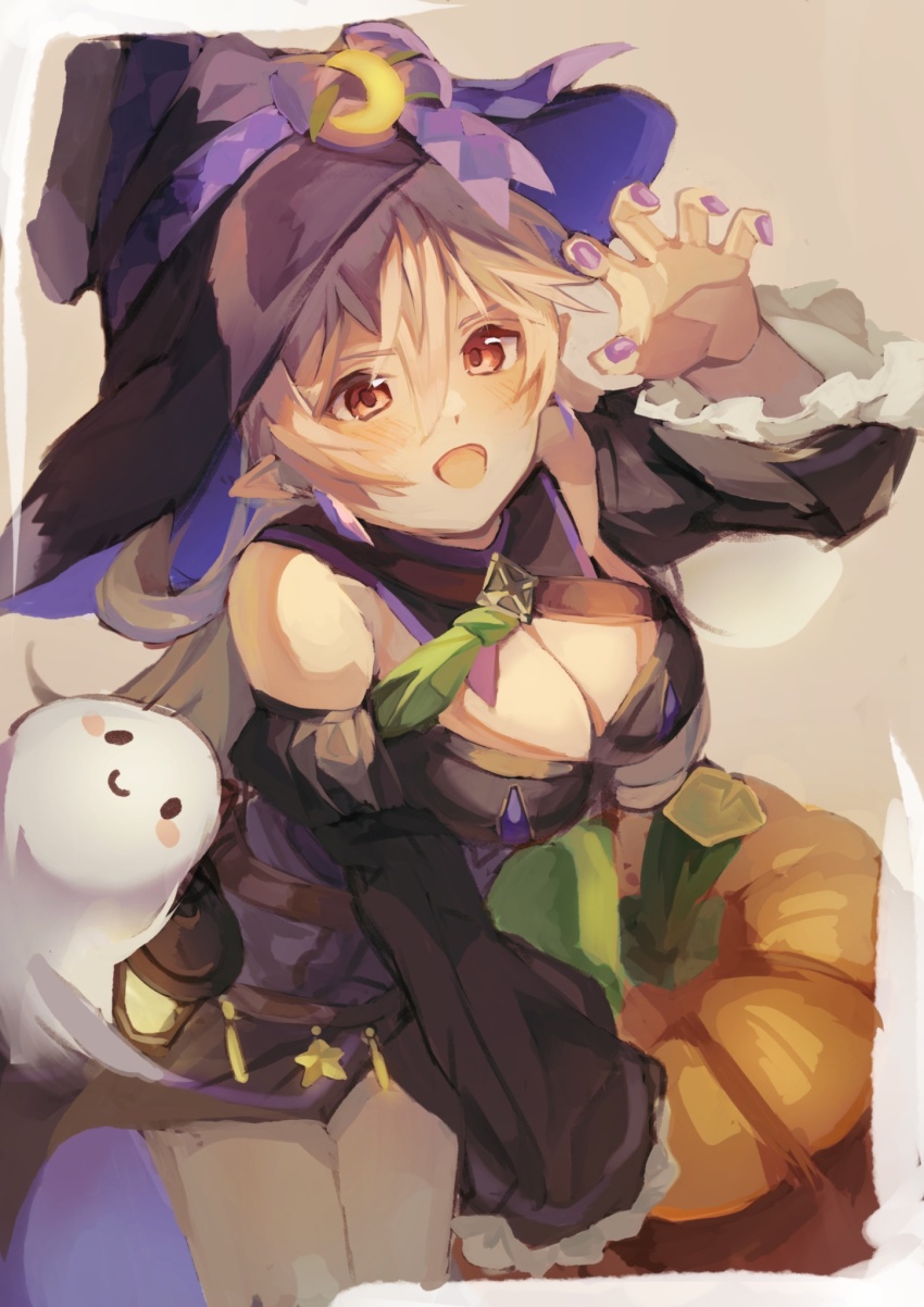 1girl black_hat breasts claw_pose cleavage cleavage_cutout clothing_cutout commentary_request corrin_(female)_(fire_emblem) corrin_(female)_(halloween)_(fire_emblem) dekocha fire_emblem fire_emblem_fates fire_emblem_heroes hair_between_eyes hat highres large_breasts nintendo official_alternate_costume open_mouth pumpkin purple_nails red_eyes sheet_ghost solo witch witch_hat
